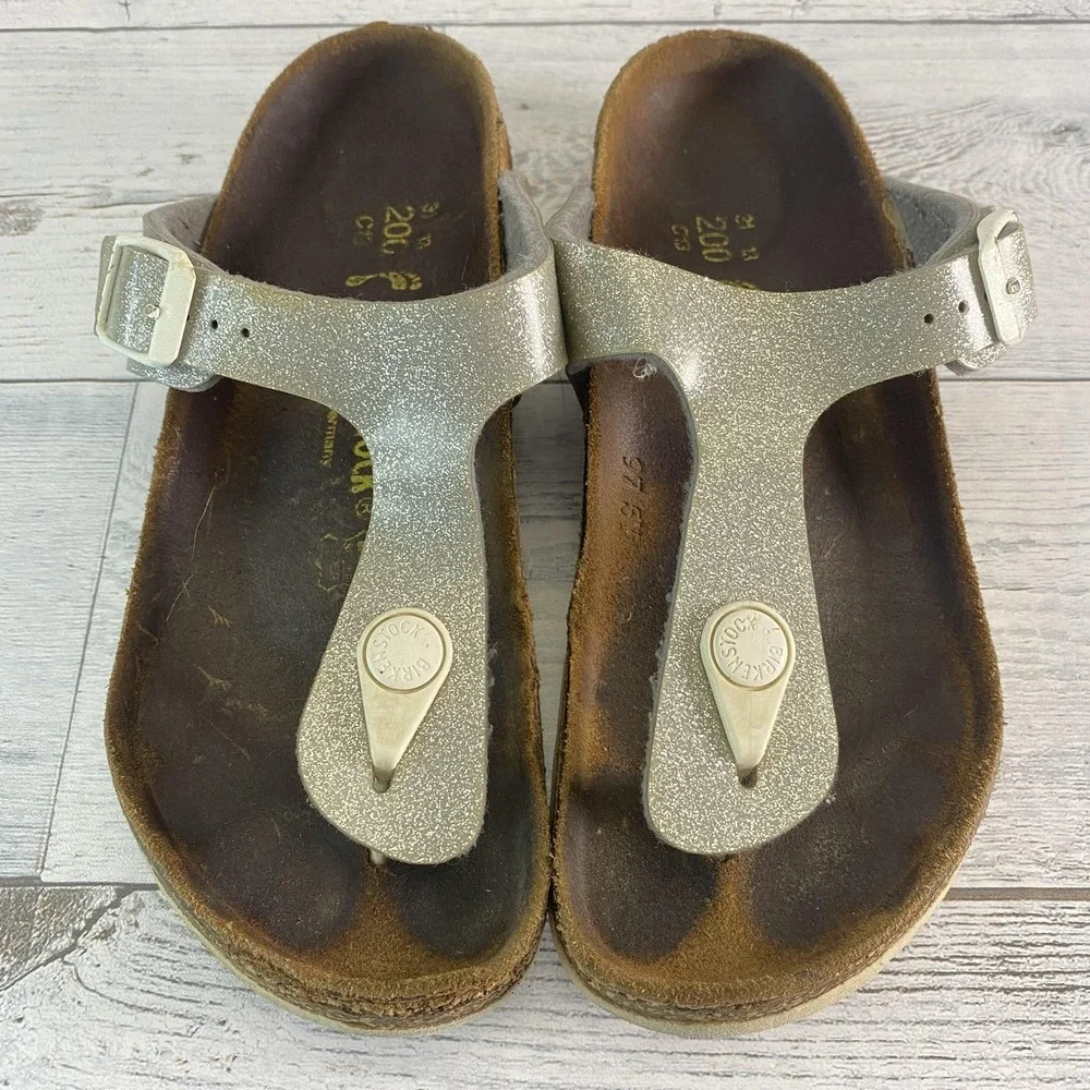 Birkenstock Sandals Girls 13 Silver Gizeh Glitter Thong Flip Flop Buckle Strappy